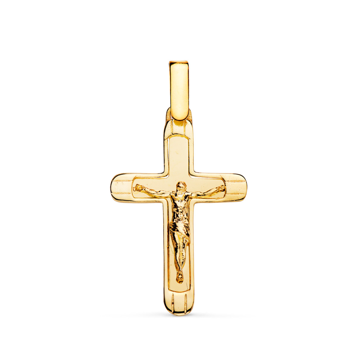 18K CRUZ ORO AMARILLO CON CRISTO EN BRILLO CON BORDES 25 X 17 MM
