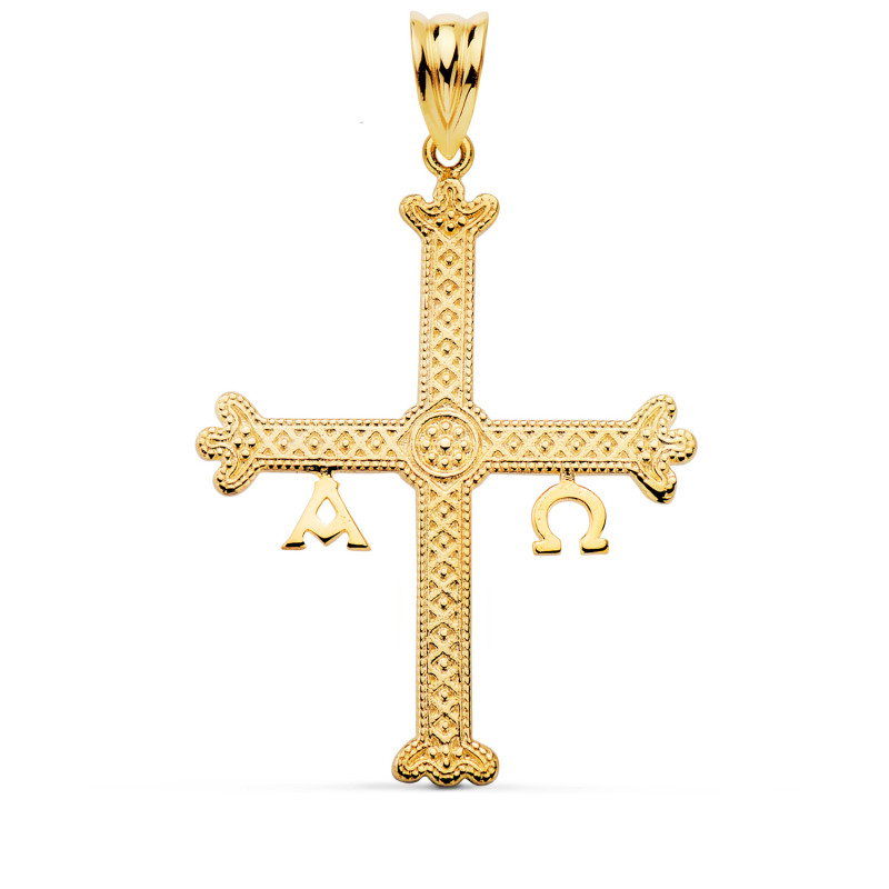 18K CRUZ DE COVADONGA O VICTORIA ORO AMARILLO DETALLES RELIEVE.  37 X 28 MM