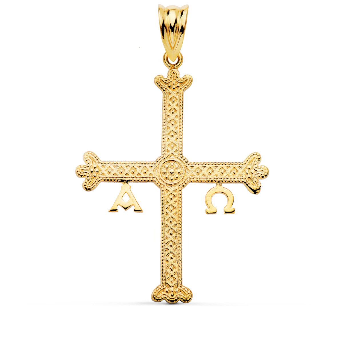18K CRUZ DE COVADONGA O VICTORIA ORO AMARILLO DETALLES RELIEVE.  37 X 28 MM