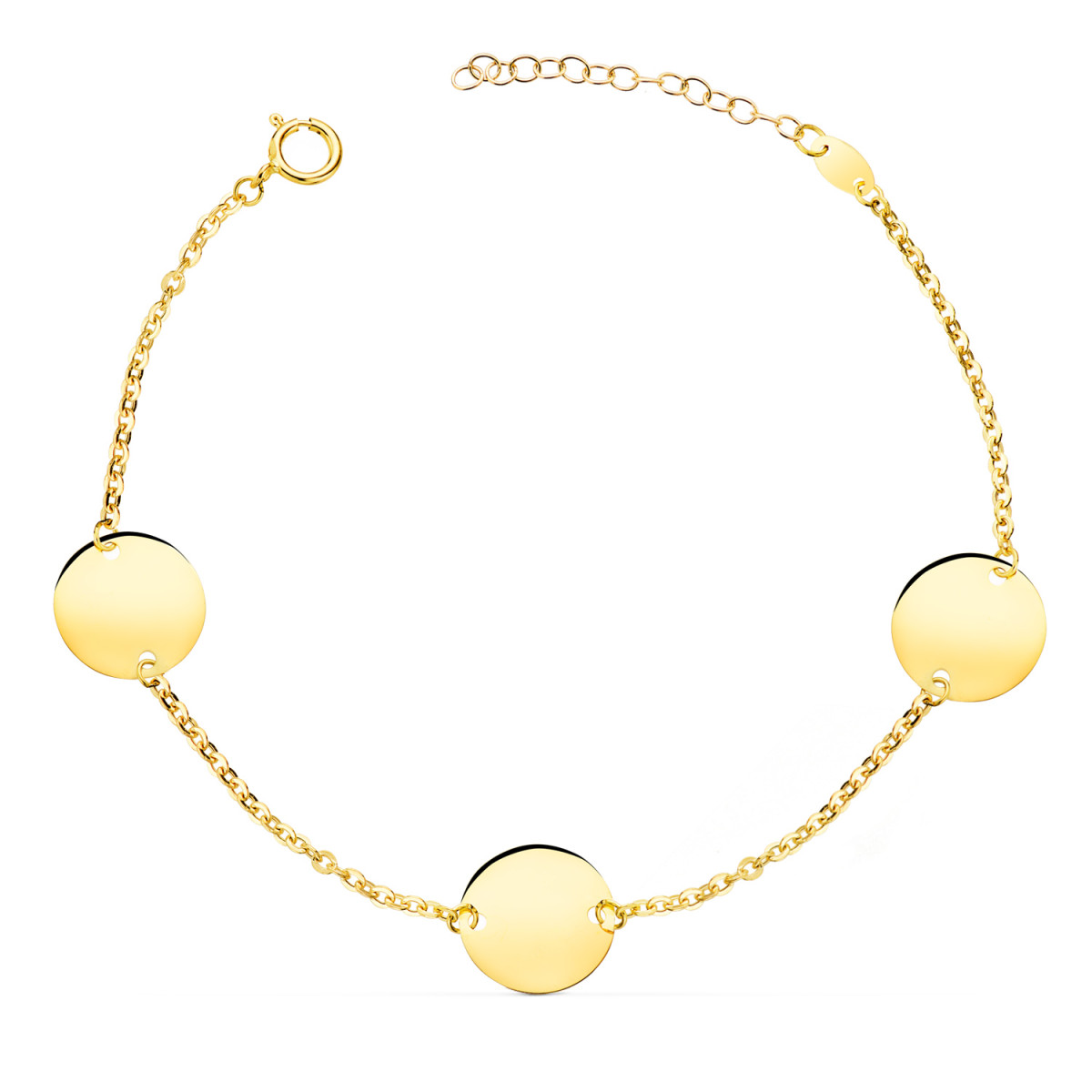 18K PULSERA ORO AMARILLO 3 DISCOS EN BRILLO REDONDOS DE 12 MM. LARGO: 18   3 CM