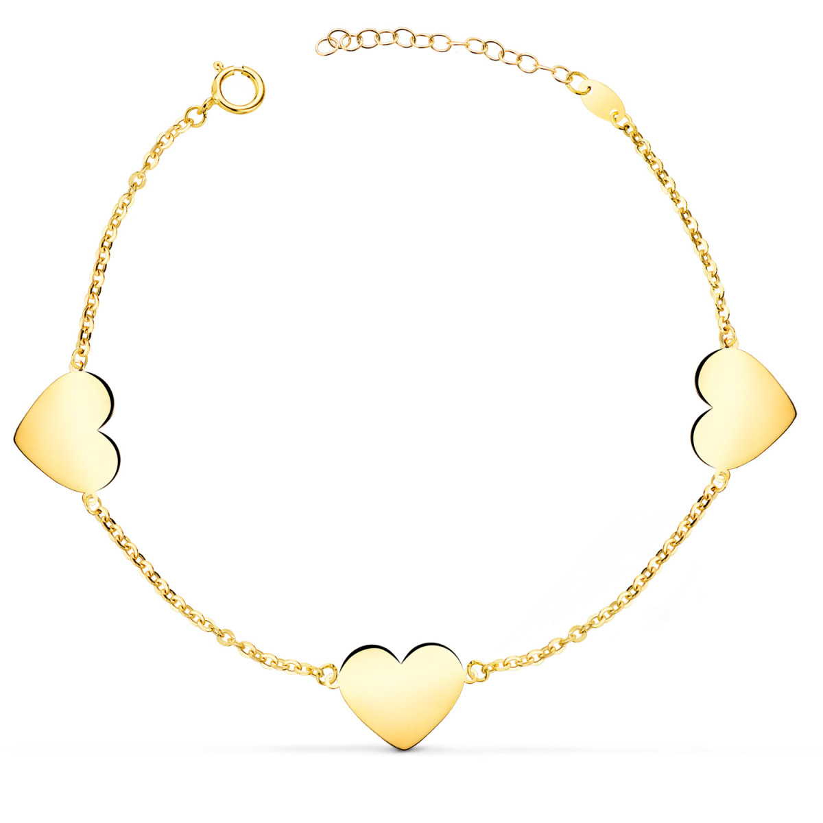 18K PULSERA ORO AMARILLO TRES CORAZONES EN BRILLO 11X10 MM. LARGO: 18 2 CM C. AMOR