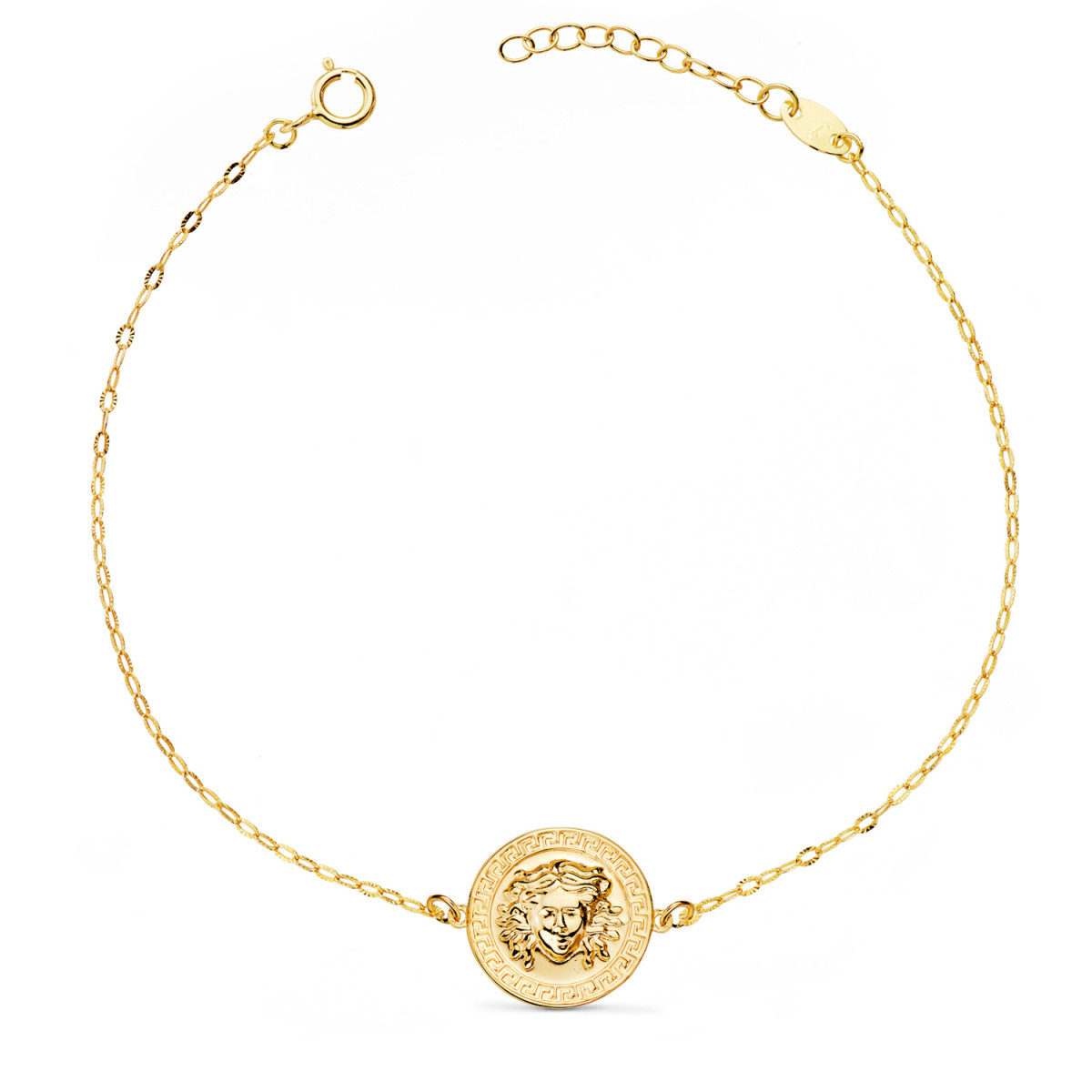 18K PULSERA ORO AMARILLO MEDUSA BRILLO 12MM CADENA TALLADA. LARGO: 18-3 CM