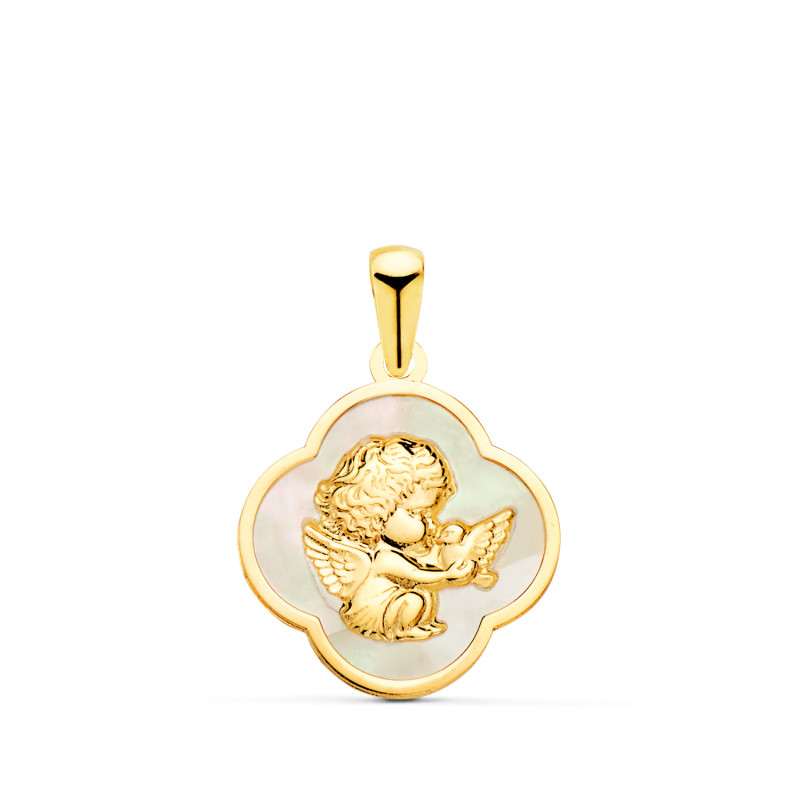 18K COLGANTE ORO AMARILLO TREBOL CON ANGEL BURLON Y NACAR BLANCO 17 X 17 MM