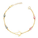 18K PULSERA ORO AMARILLO SILUETA VIRGEN ROCIO 14X11 MM CON CIRCONITAS ROSAS Y AZULES. LARGO: 15   3 CM