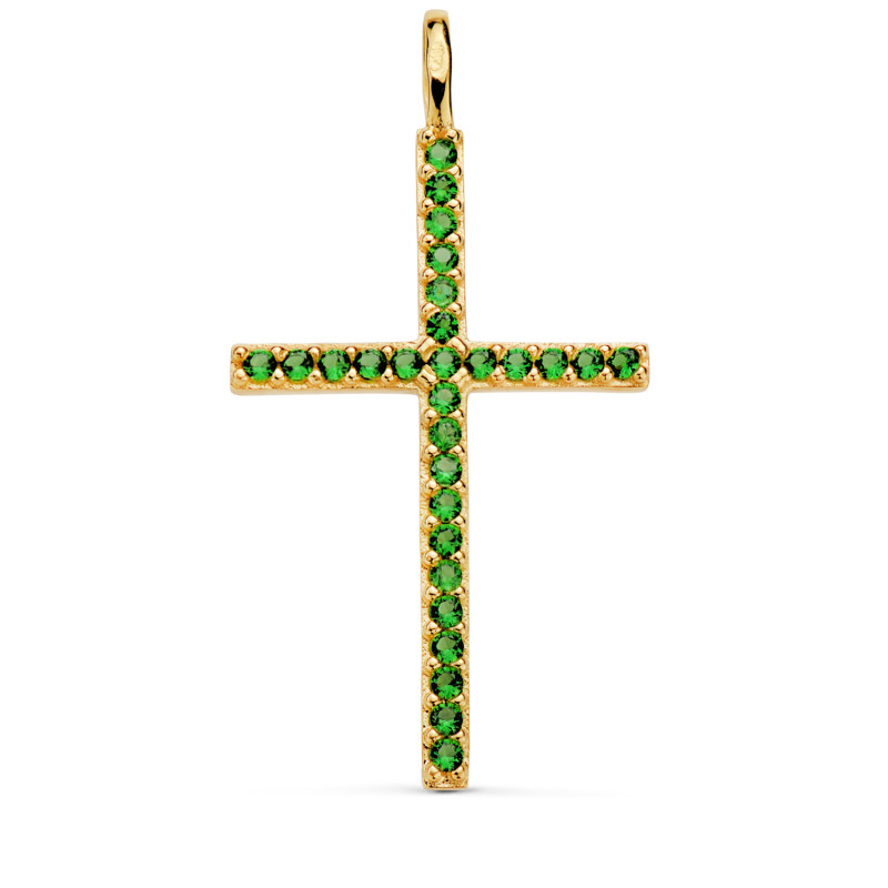 18K CRUZ ORO AMARILLO CON CIRCONITA VERDES 37 X 19 MM. ANILLA FIJA