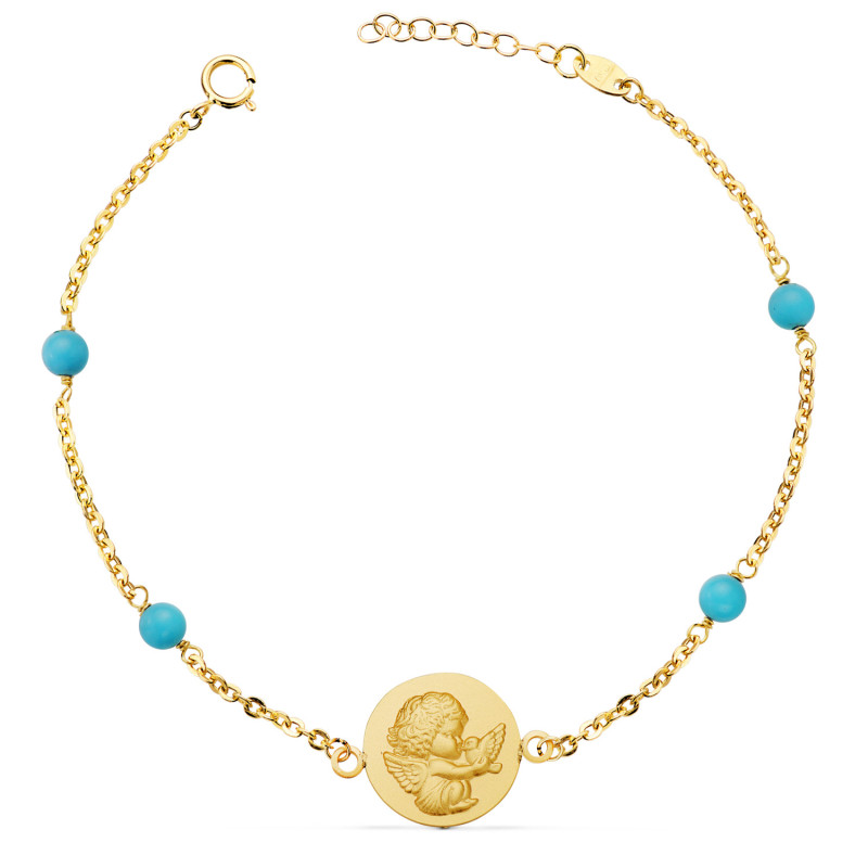 18K PULSERA ORO AMARILLO MEDALLA ANGELITO 14 MM Y BOLAS TURQUESAS. LARGO: 19 3 CM