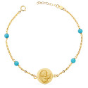 18K PULSERA ORO AMARILLO MEDALLA ANGELITO 14 MM Y BOLAS TURQUESAS. LARGO: 19 3 CM