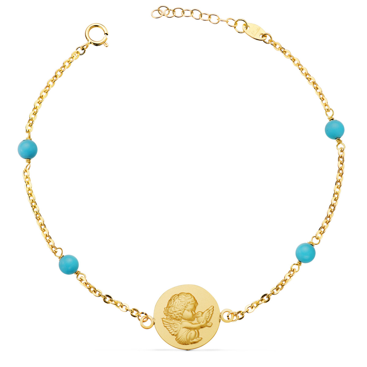18K PULSERA ORO AMARILLO MEDALLA ANGELITO 14 MM Y BOLAS TURQUESAS. LARGO: 19 3 CM