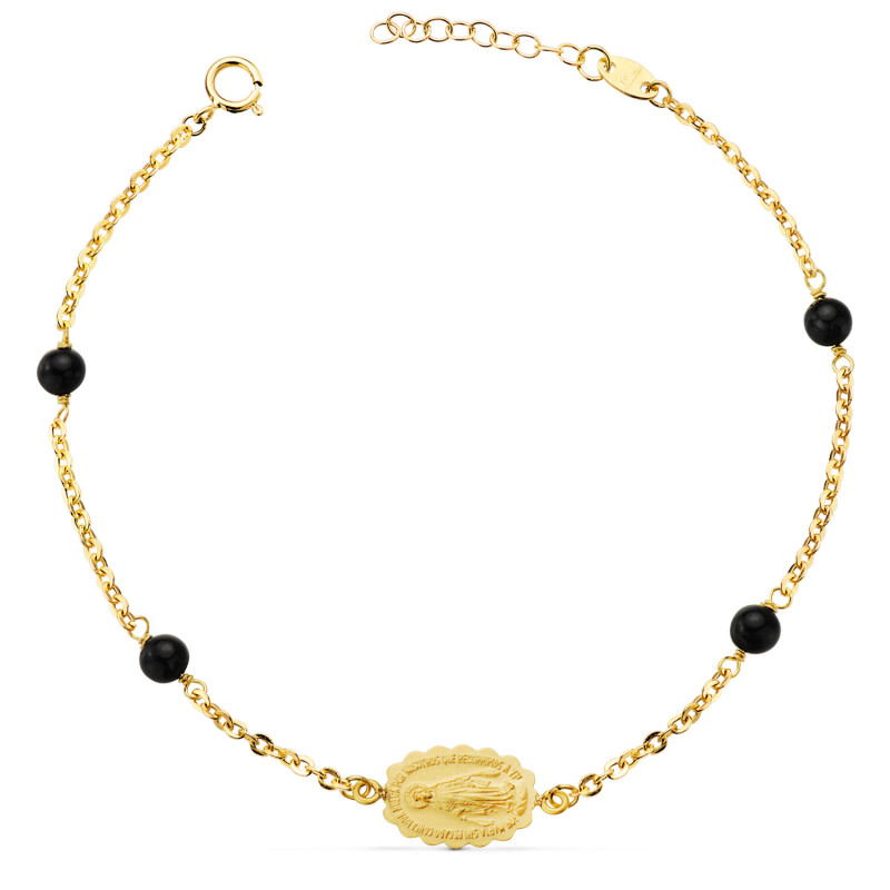 18K PULSERA ORO AMARILLO VIRGEN MILAGROSA 13X9 MM BOLAS NEGRAS. LARGO: 17 3 CM