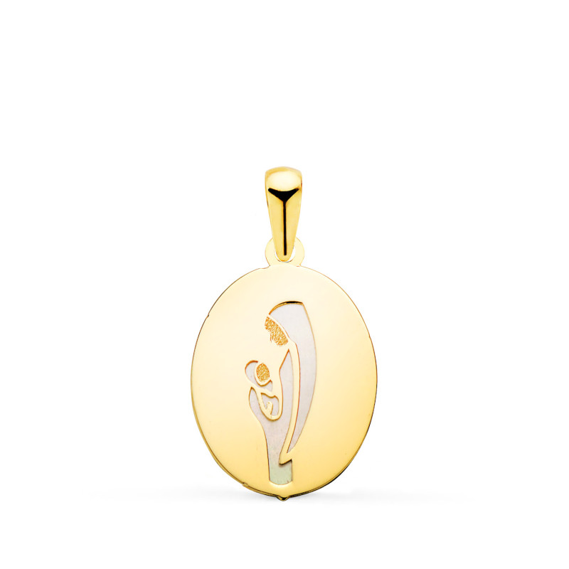18K MEDALLA ORO AMARILLO VIRGEN MADRE OVAL CON NACAR BLANCO EN BRILLO. MEDIDA: 15X12 MM