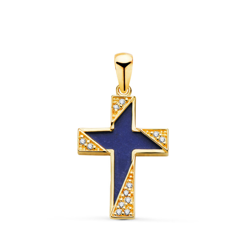 18K CRUZ ORO AMARILLO LAPIZLAZULI DETALLES CON CIRCONITAS. MEDIDA: 19 X 12,5 MM