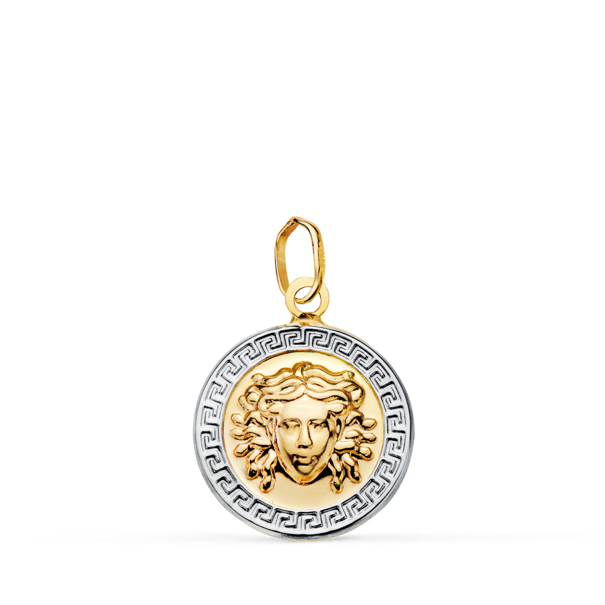 18K MEDALLA ORO BICOLOR MEDUSA GRECA EN BRILLO. MEDIDA: 15 MM