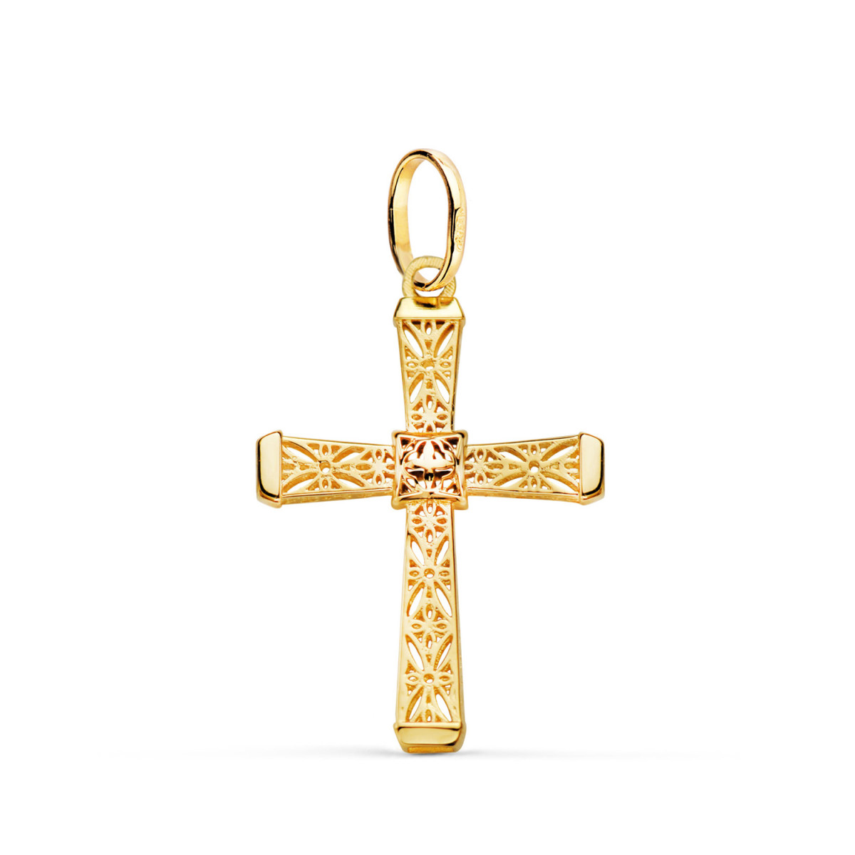 18K CRUZ ORO AMARILLO CALADA DETALLES FILIGRANA. MEDIDA: 24 X 16 MM