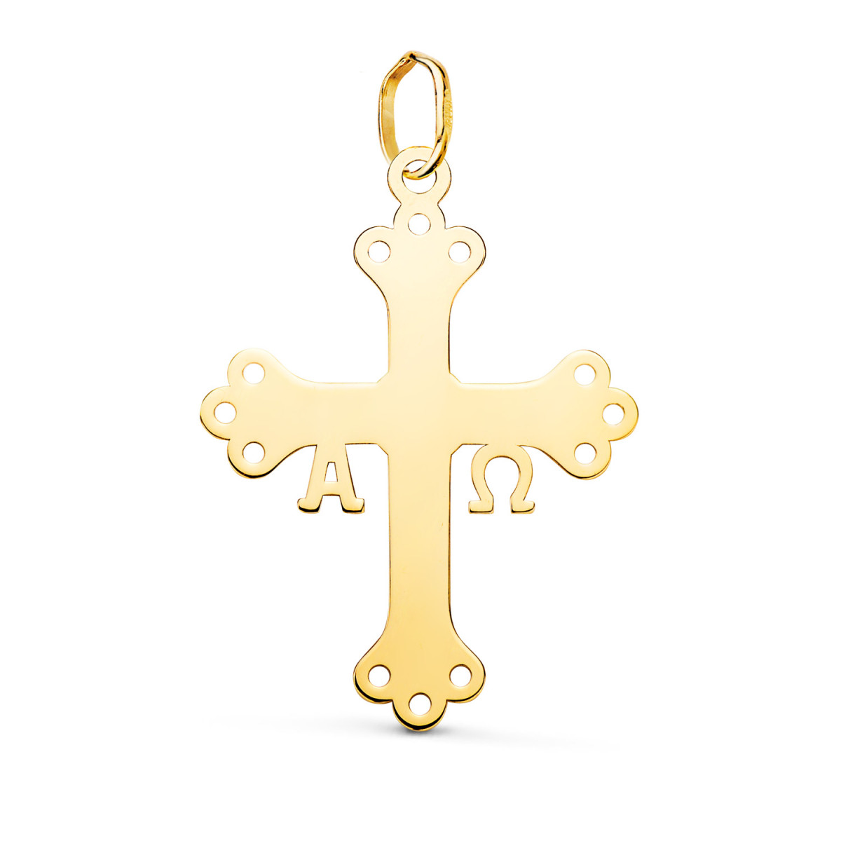 18K COLGANTE ORO AMARILLO CRUZ DE COVADONGA O VICTORIA SILUETA EN BRILLO. 27 X 20 MM