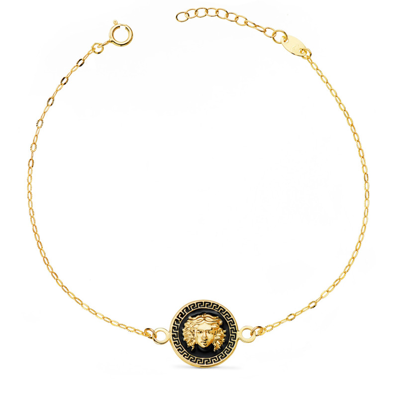 18K PULSERA ORO AMARILLO MEDUSA ESMALTE NEGRO 12MM CADENA TALLADA. LARGO: 18-3 CM