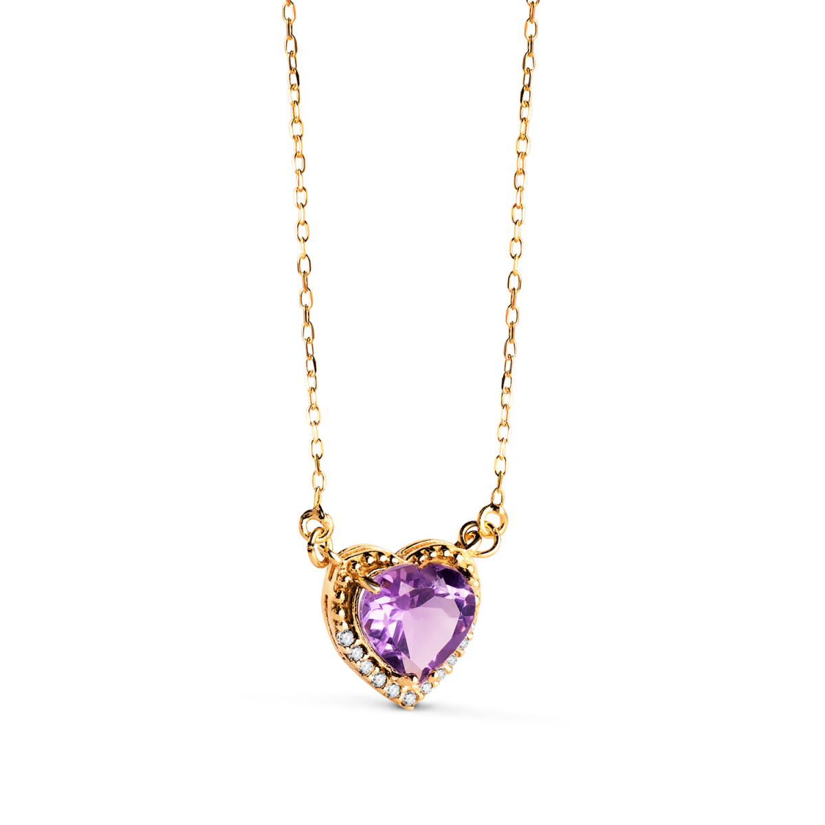 18K GARGANTILLA ORO AMARILLO CORAZON AMATISTA 7MM CIRCONITAS CADENA 40-2CM C. AMOR