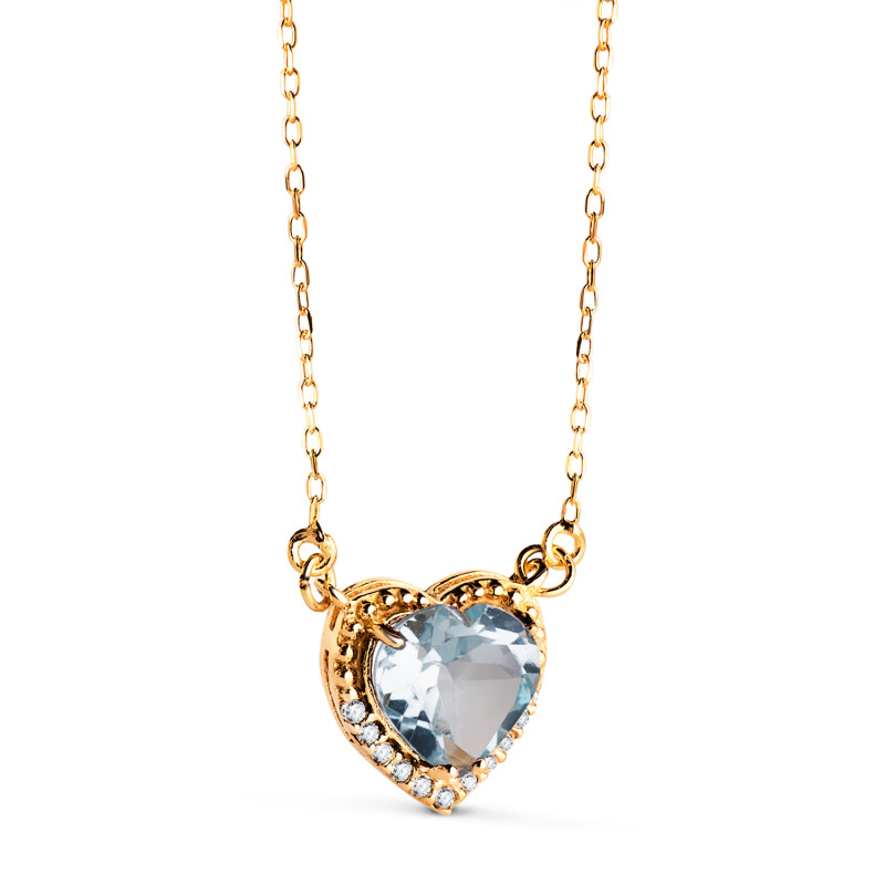 18K GARGANTILLA ORO AMARILLO CORAZON TOPACIO AZUL 7MM CIRCONITAS CADENA 40-2CM C. AMOR
