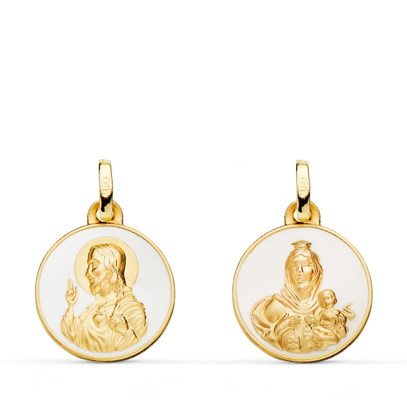 18K ESCAPULARIO ORO AMARILLO CORAZON DE JESUS Y VIRGEN DEL CARMEN ESMALTE BLANCO. 16 MM