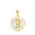 18K MEDALLA ORO AMARILLO VIRGEN NIÑA ESMALTE BLANCO Y CERCO CALADO EN BRILLO 20X18 MM 18K MEDALLA ORO AMARILLO VIRGEN NIÑA ESMALTE BLANCO Y CERCO CALADO EN BRILLO 20X18 MM