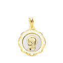 18K MEDALLA ORO AMARILLO VIRGEN NIÑA ESMALTE BLANCO Y CERCO CALADO EN BRILLO 20X18 MM 18K MEDALLA ORO AMARILLO VIRGEN NIÑA ESMALTE BLANCO Y CERCO CALADO EN BRILLO 20X18 MM