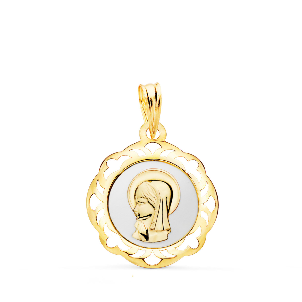 18K MEDALLA ORO AMARILLO VIRGEN NIÑA ESMALTE BLANCO Y CERCO CALADO EN BRILLO 20X18 MM