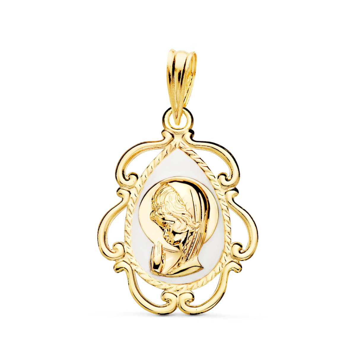 18K MEDALLA ORO AMARILLO VIRGEN NIÑA ESMALE BLANCO Y CERCO CALADO EN BRILLO 22X16 MM