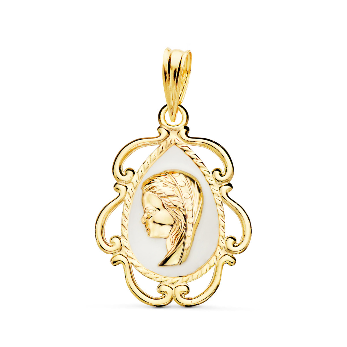 18K MEDALLA ORO AMARILLO VIRGEN NIÑA ESMALTE BLANCO Y CERCO CALADO EN BRILLO 22X16 MM