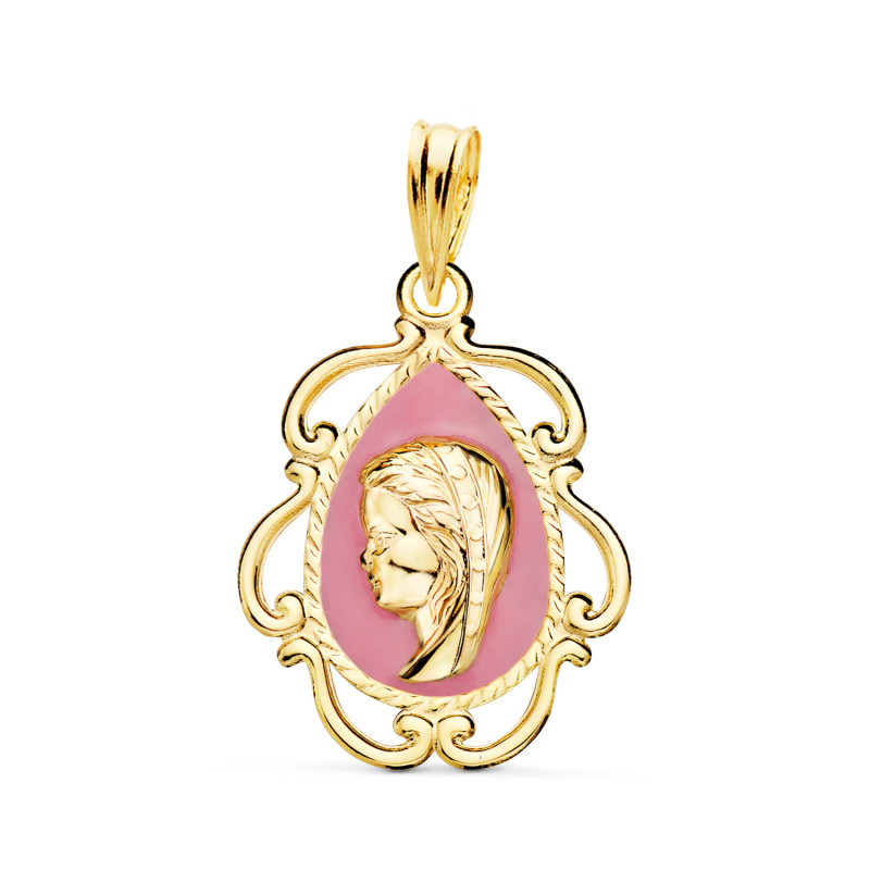 18K MEDALLA ORO AMARILLO VIRGEN NIÑA ESMALTE ROSA Y CERCO CALADO EN BRILLO 22X16 MM