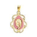 18K MEDALLA ORO AMARILLO VIRGEN NIÑA ESMALTE ROSA Y CERCO CALADO EN BRILLO 22X16 MM 18K MEDALLA ORO AMARILLO VIRGEN NIÑA ESMALTE ROSA Y CERCO CALADO EN BRILLO 22X16 MM
