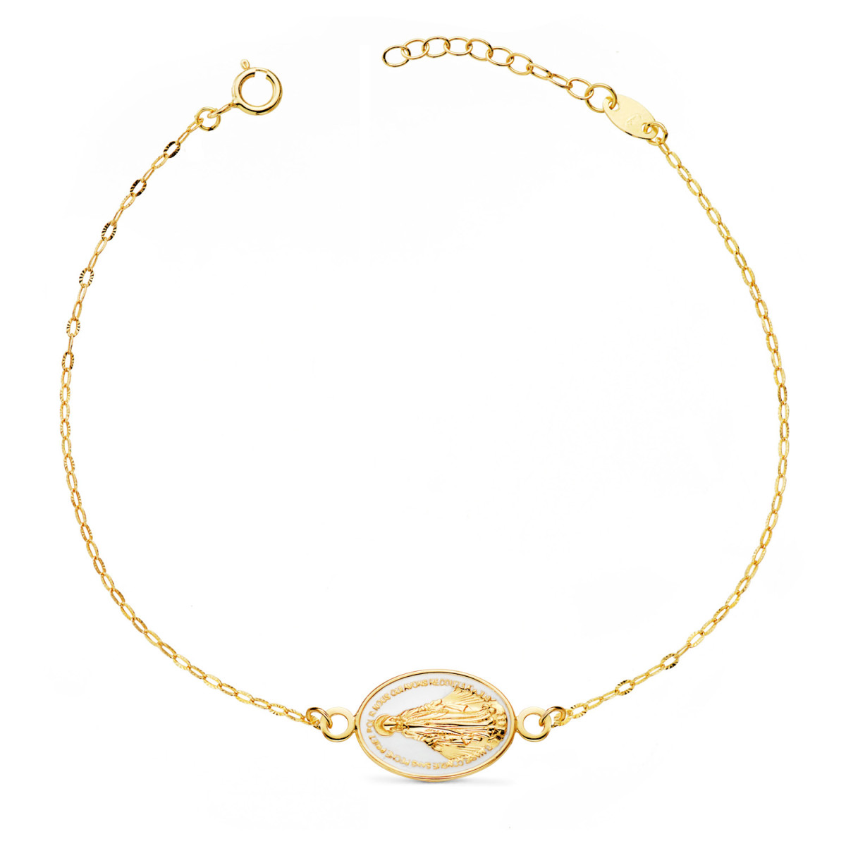 18K PULSERA ORO AMARILLO VIRGEN MILAGROSA ESMALTE BLANCO 13X10 MM. CADENA TALLADA: LARGO: 17-3 CM