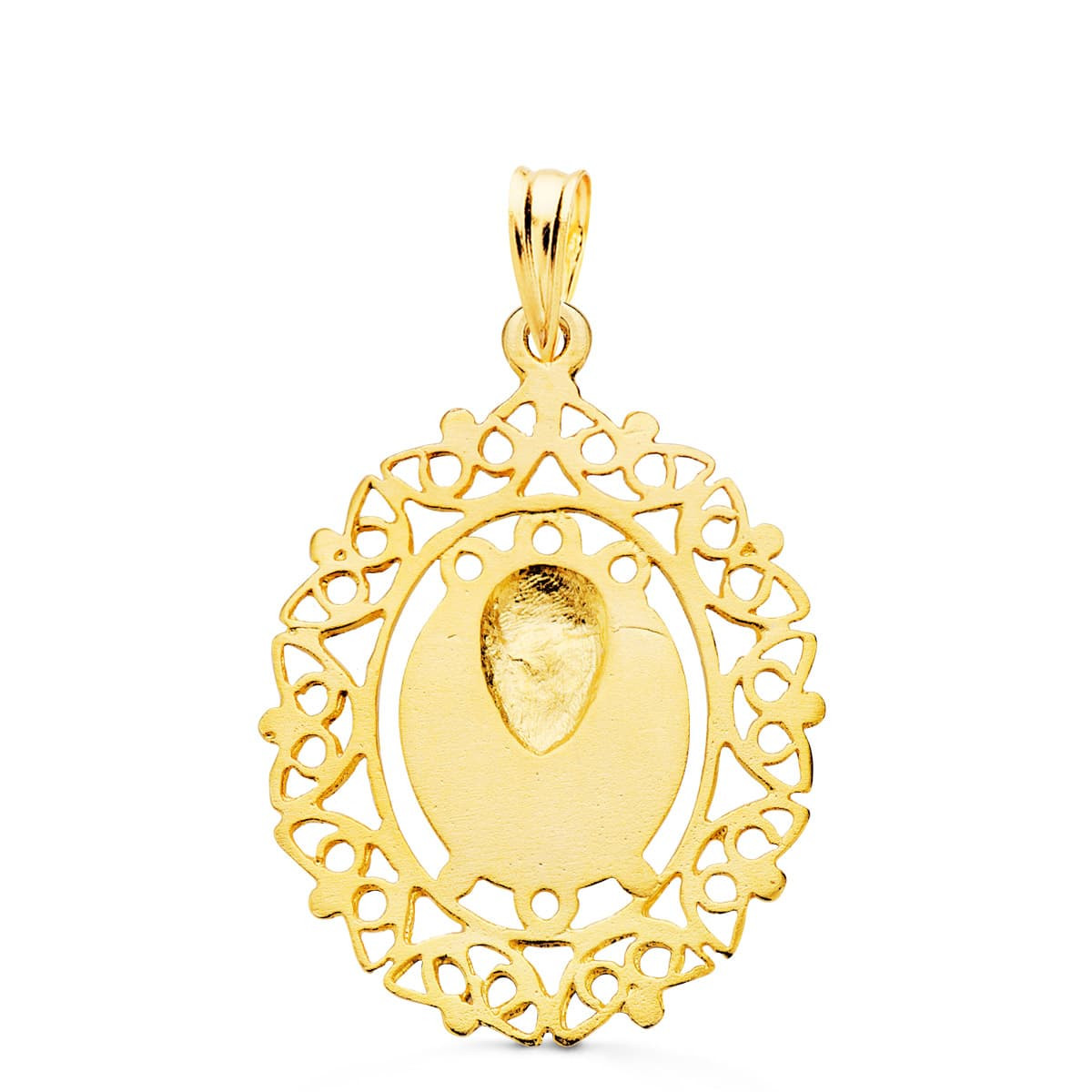 18K MEDALLA ORO AMARILLO VIRGEN DE LA MACARENA CERCO FILIGRANA 28X21 MM