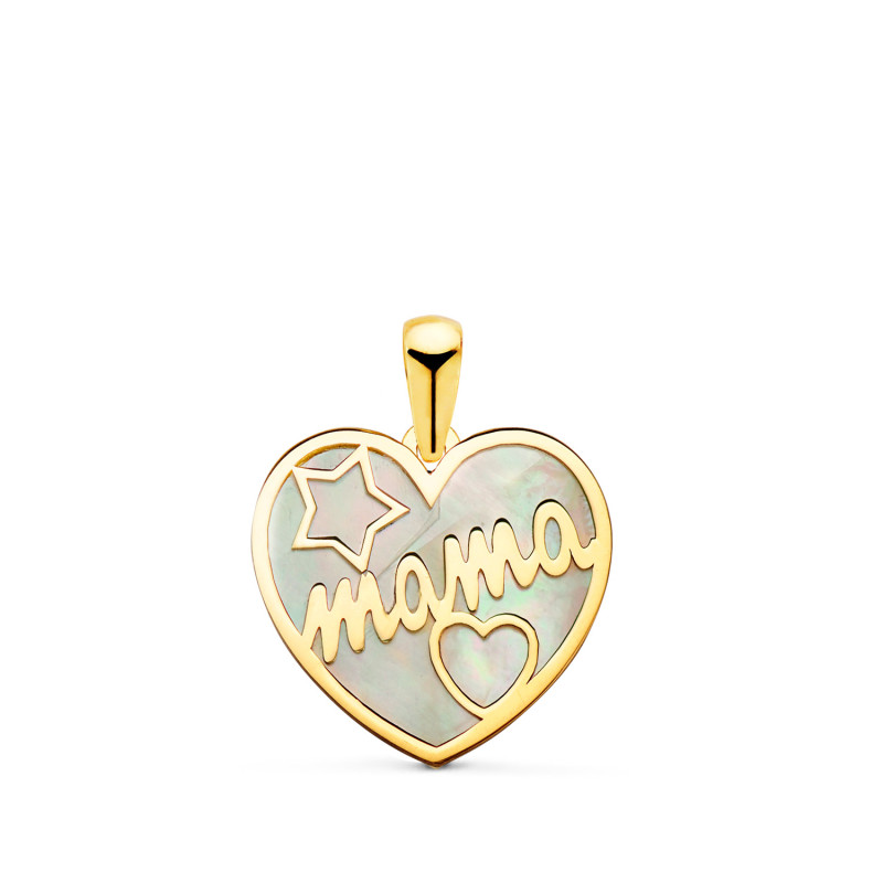 18K COLGANTE CORAZON ORO AMARILLO CON NACAR MAMA Y DIBUJO DE ESTRELLA Y CORAZON 16X14MM