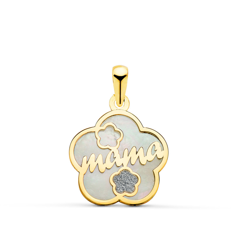 18K COLGANTE DE NACAR ORO AMARILLO FORMA DE FLOR Y MAMA CON CORAZON Y POLVO DIAMANTE 15X15MM