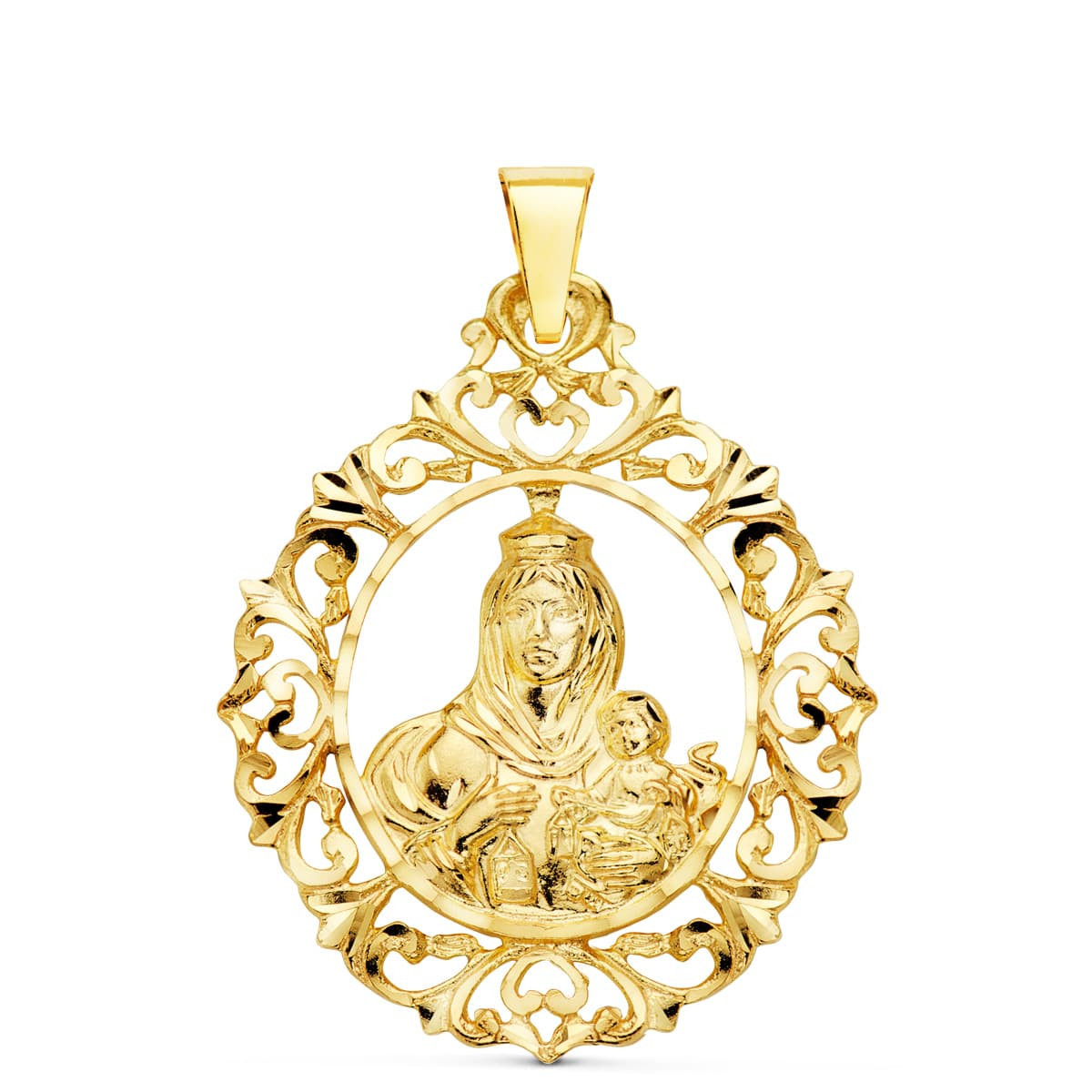 18K MEDALLA ORO AMARILLO VIRGEN DEL CARMEN ORLA FILIGRANA 37X30 MM
