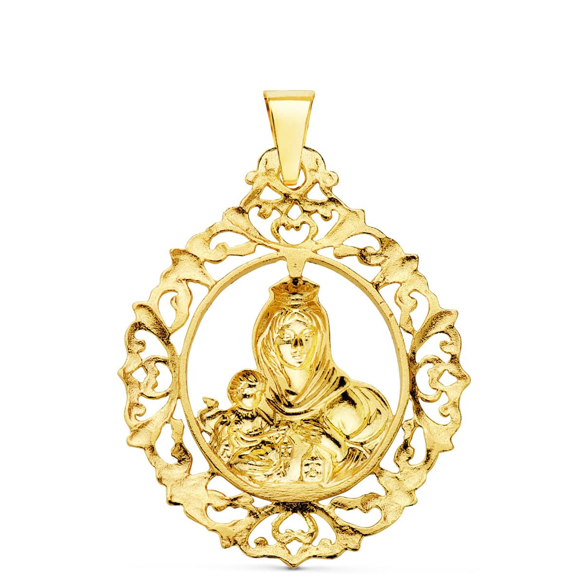 18K MEDALLA ORO AMARILLO VIRGEN DEL CARMEN ORLA FILIGRANA 37X30 MM
