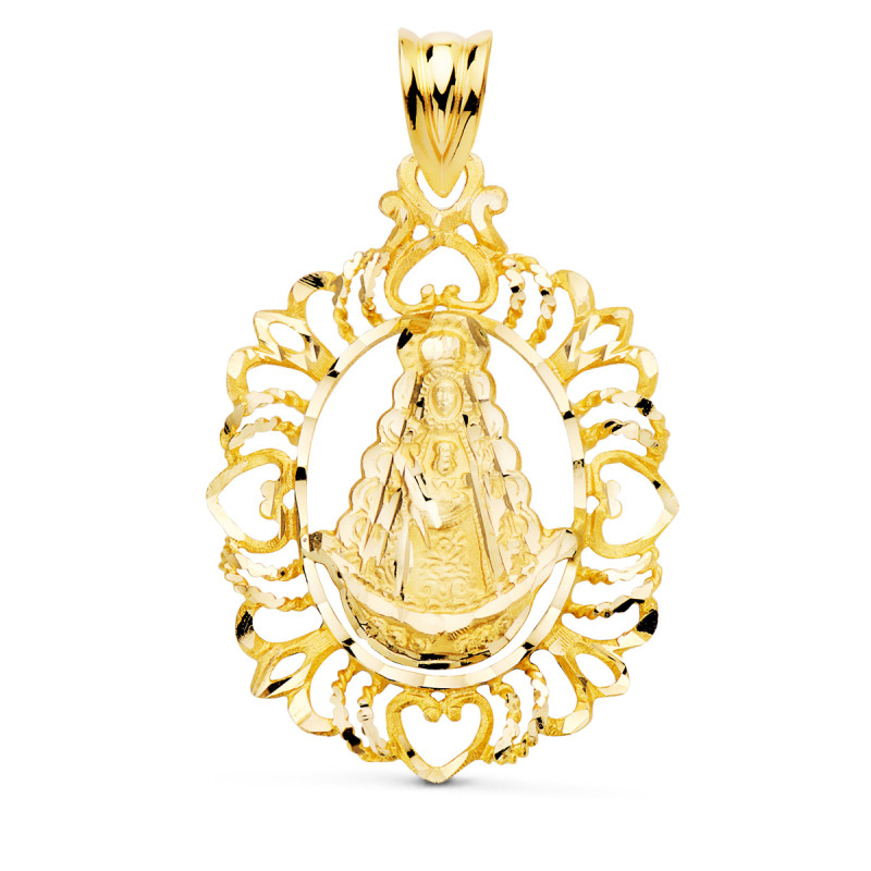 18K MEDALLA ORO AMARILLO VIRGEN DEL ROCIO CERCO TALLADO 30X22 MM