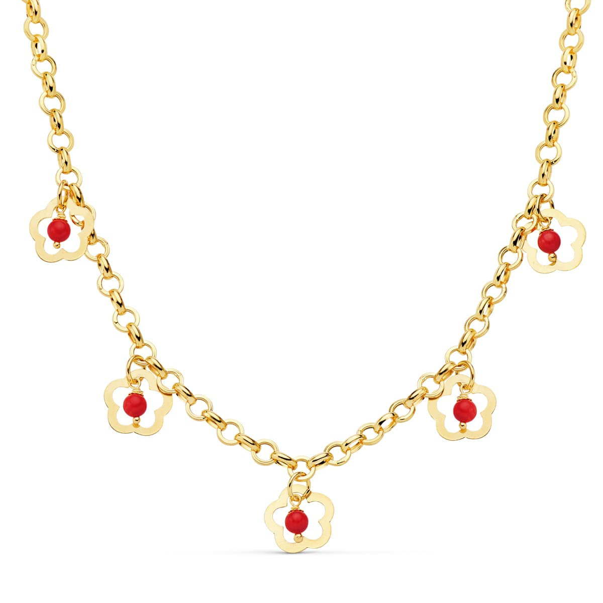 18K COLLAR ORO AMARILLO FLORES 12 MM CORAL CADENA 50CM