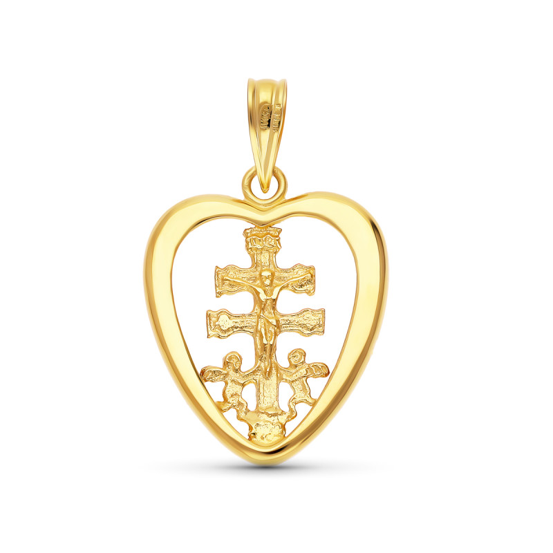 18K COLGANTE CRUZ CORAZON CARAVACA ORO AMARILLO 20X16 MM