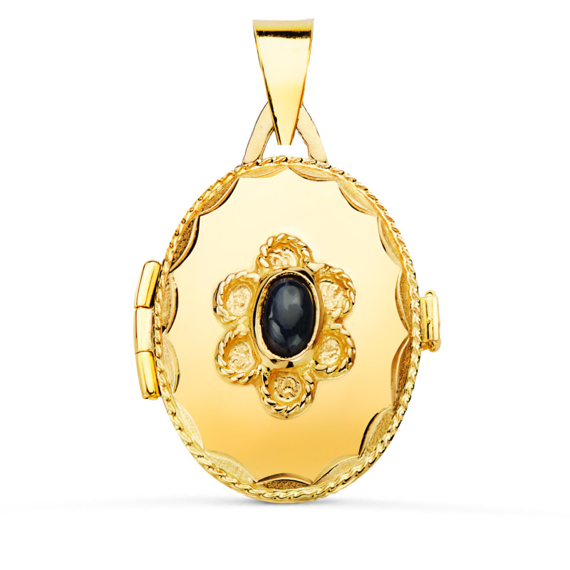 18K GUARDAPELO DIJE PORTAFOTOS ORO AMARILLO OVAL CON PIEDRA AZUL Y BORDE HILO RELIADO. 23 X 18 MM