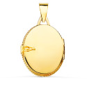 18K GUARDAPELO DIJE PORTAFOTOS ORO AMARILLO OVAL CON PIEDRA AZUL Y BORDE HILO RELIADO. 23 X 18 MM