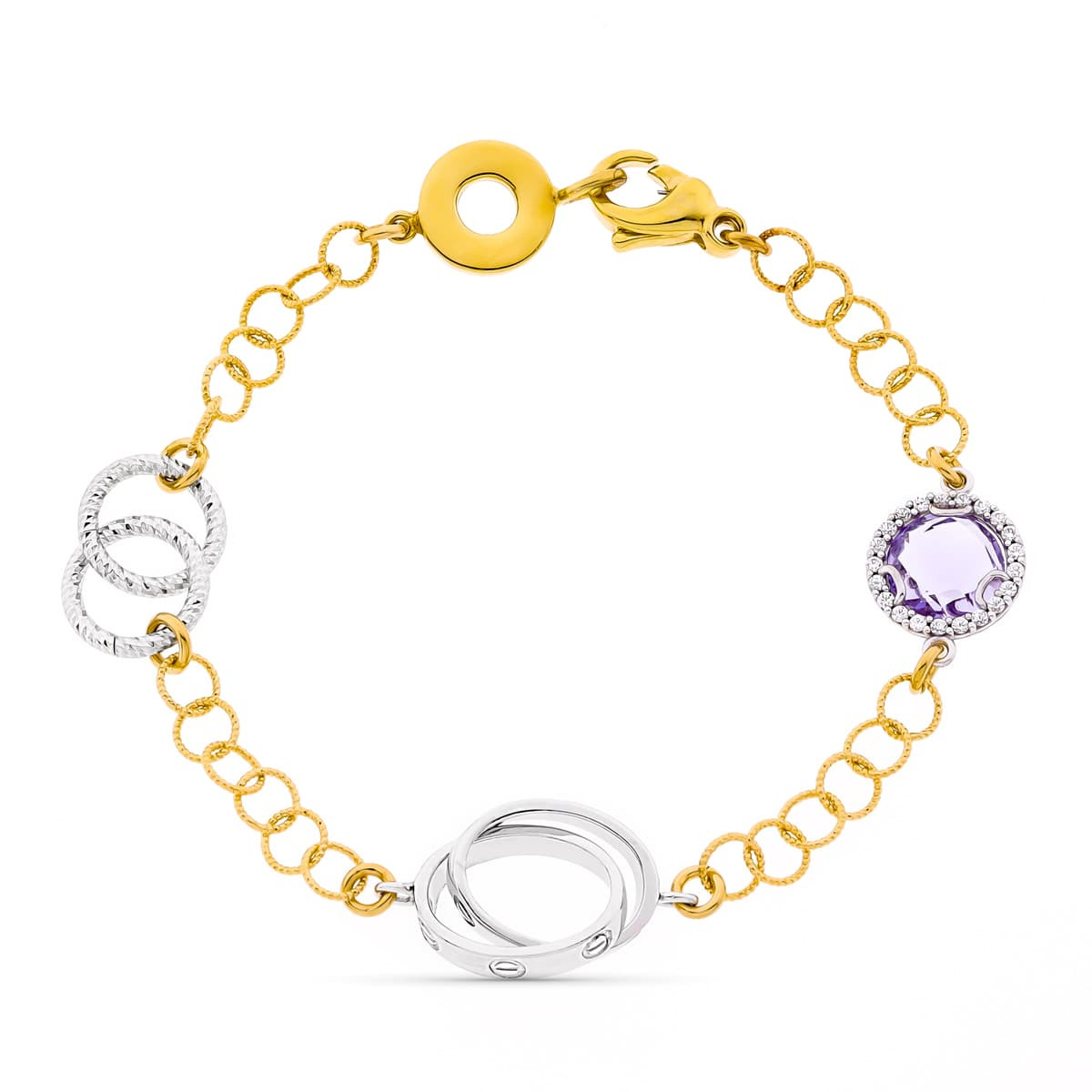 18K PULSERA BICOLOR ESLABONES PIEDRA AMATISTA