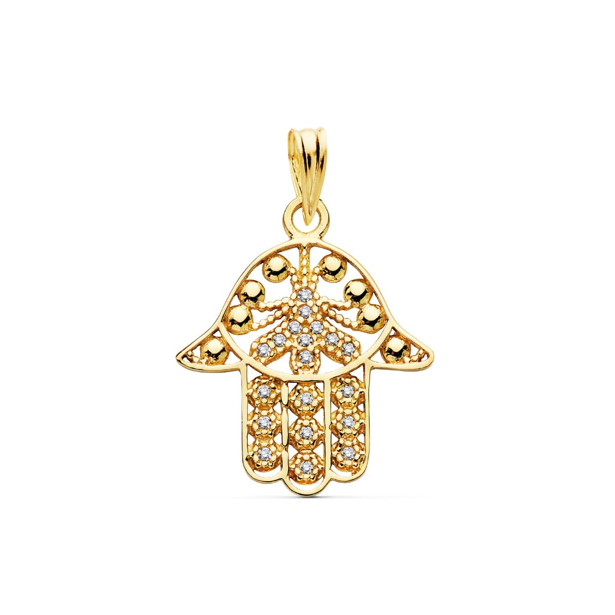 18K COLGANTE AMULETO ORO AMARILLO MANO FATIMA 19X18 MM
