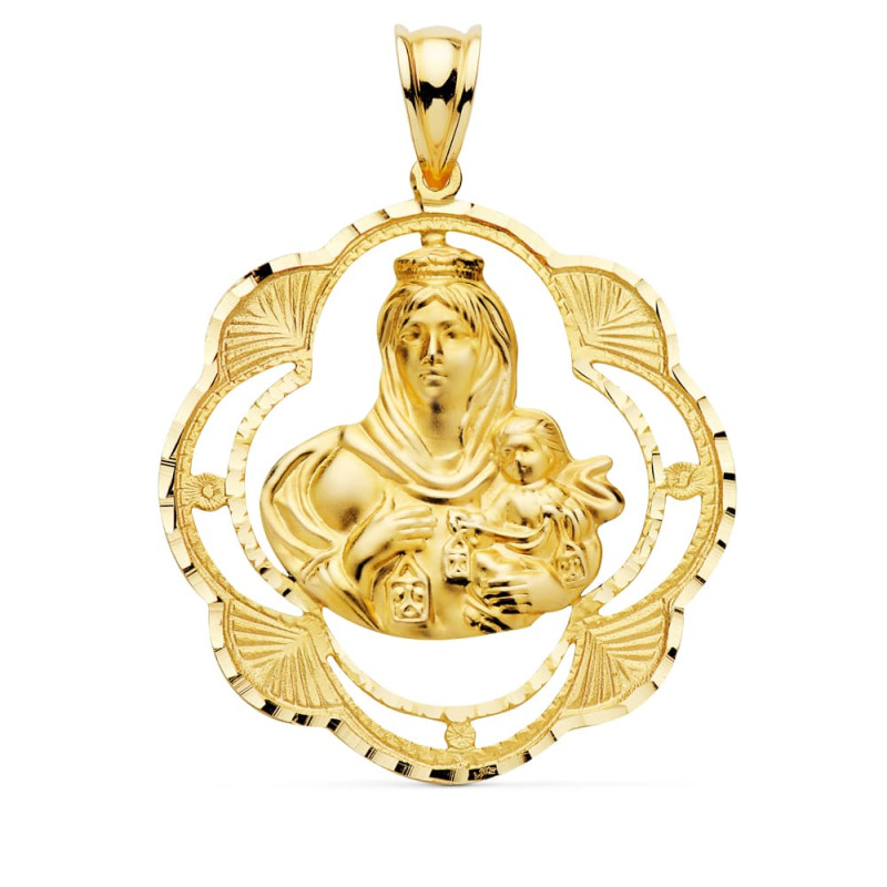 18K MEDALLA ORO AMARILLO VIRGEN DEL CARMEN PANDERETA 38X34 MM