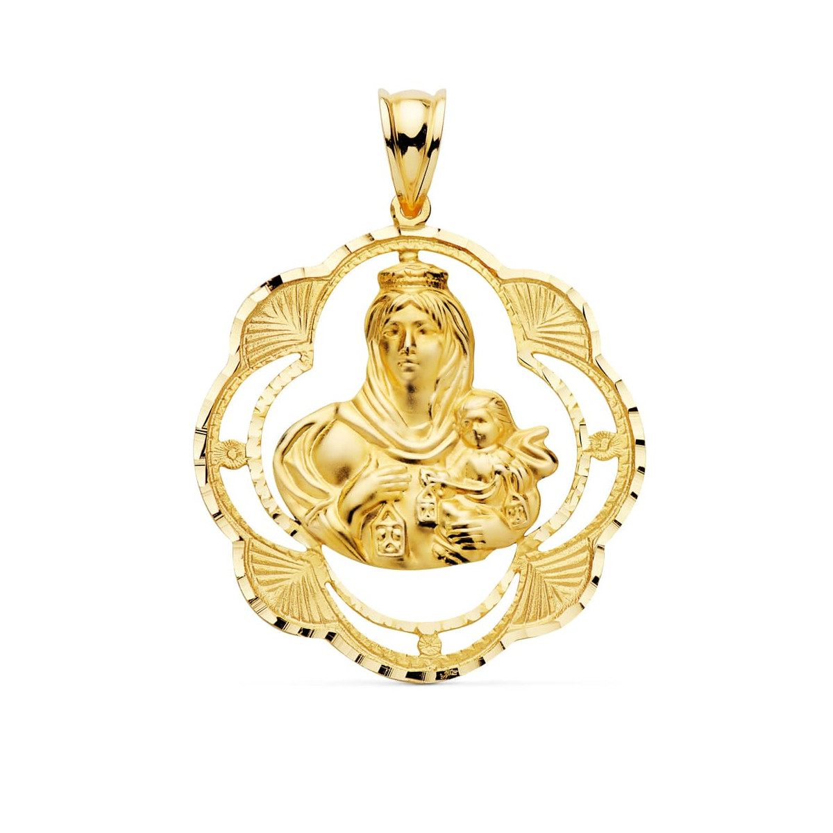 18K MEDALLA ORO AMARILLO VIRGEN DEL CARMEN PANDERETA 38X34 MM