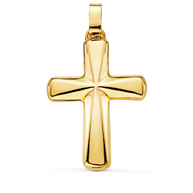 18K CRUZ ORO AMARILLO HUECA EN BRILLO. PALO RECTANGULAR: 7 X 2,5 MM. MEDIDA: 38 X 26 MM