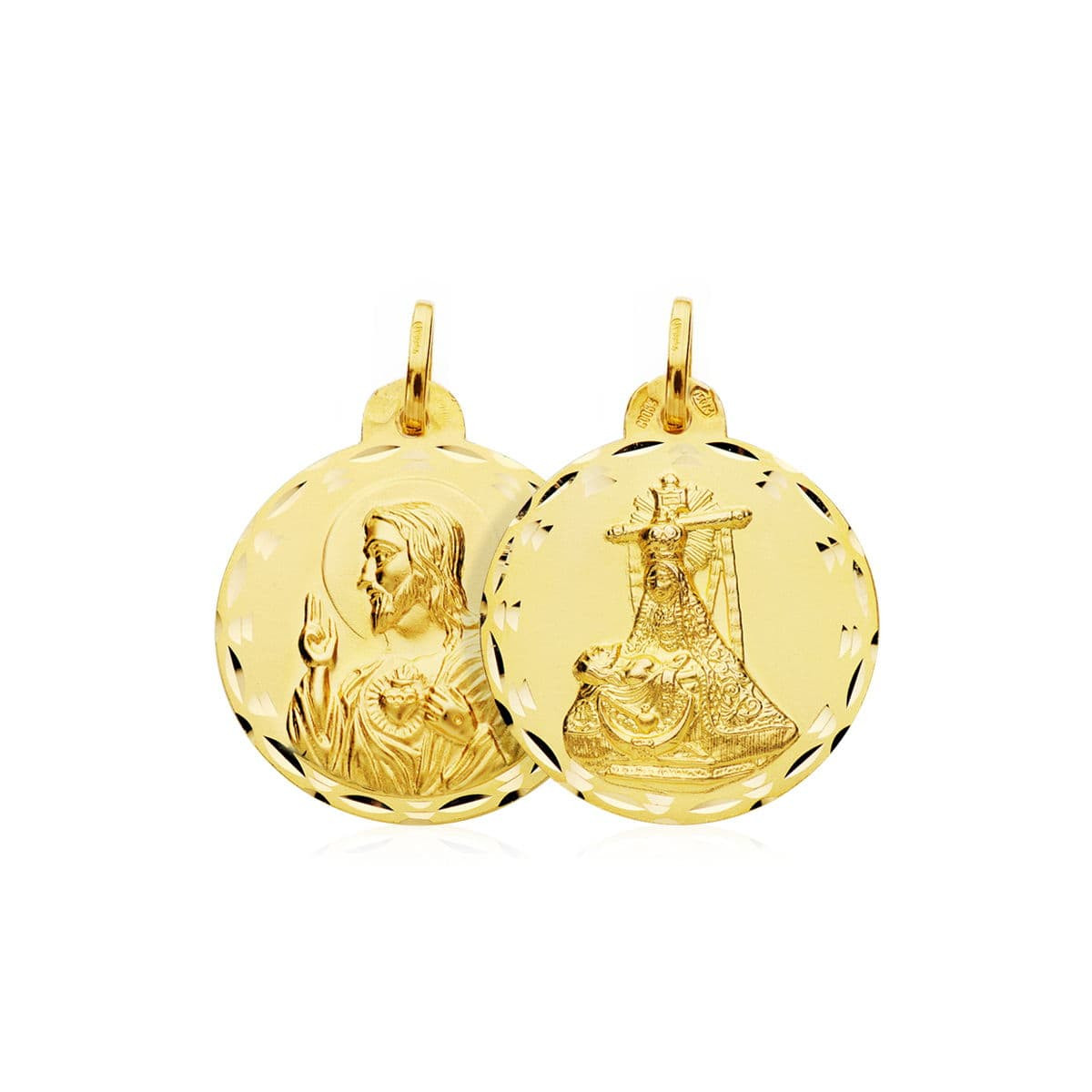 18K ESCAPULARIO ORO AMARILLO VIRGEN DE LAS ANGUSTIAS CORAZON DE JESUS 24 MM