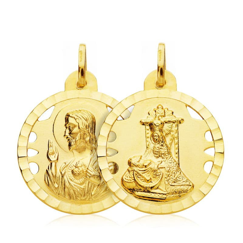 18K ESCAPULARIO ORO AMARILLO VIRGEN DE LAS ANGUSTIAS CORAZON DE JESUS 22 MM