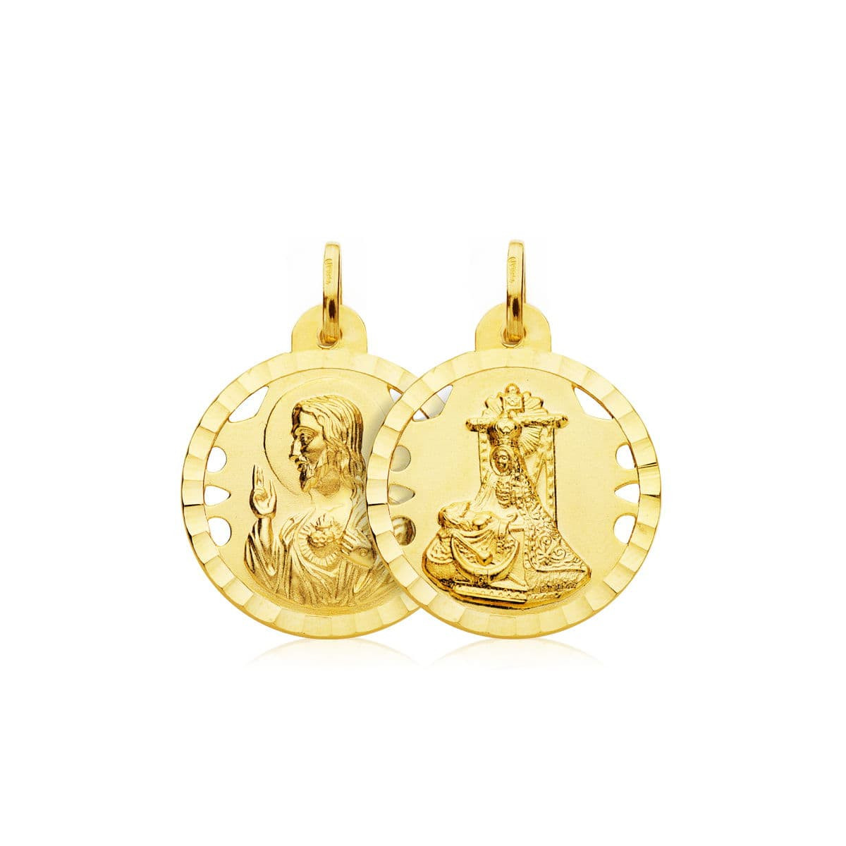 18K ESCAPULARIO ORO AMARILLO VIRGEN DE LAS ANGUSTIAS CORAZON DE JESUS 22 MM