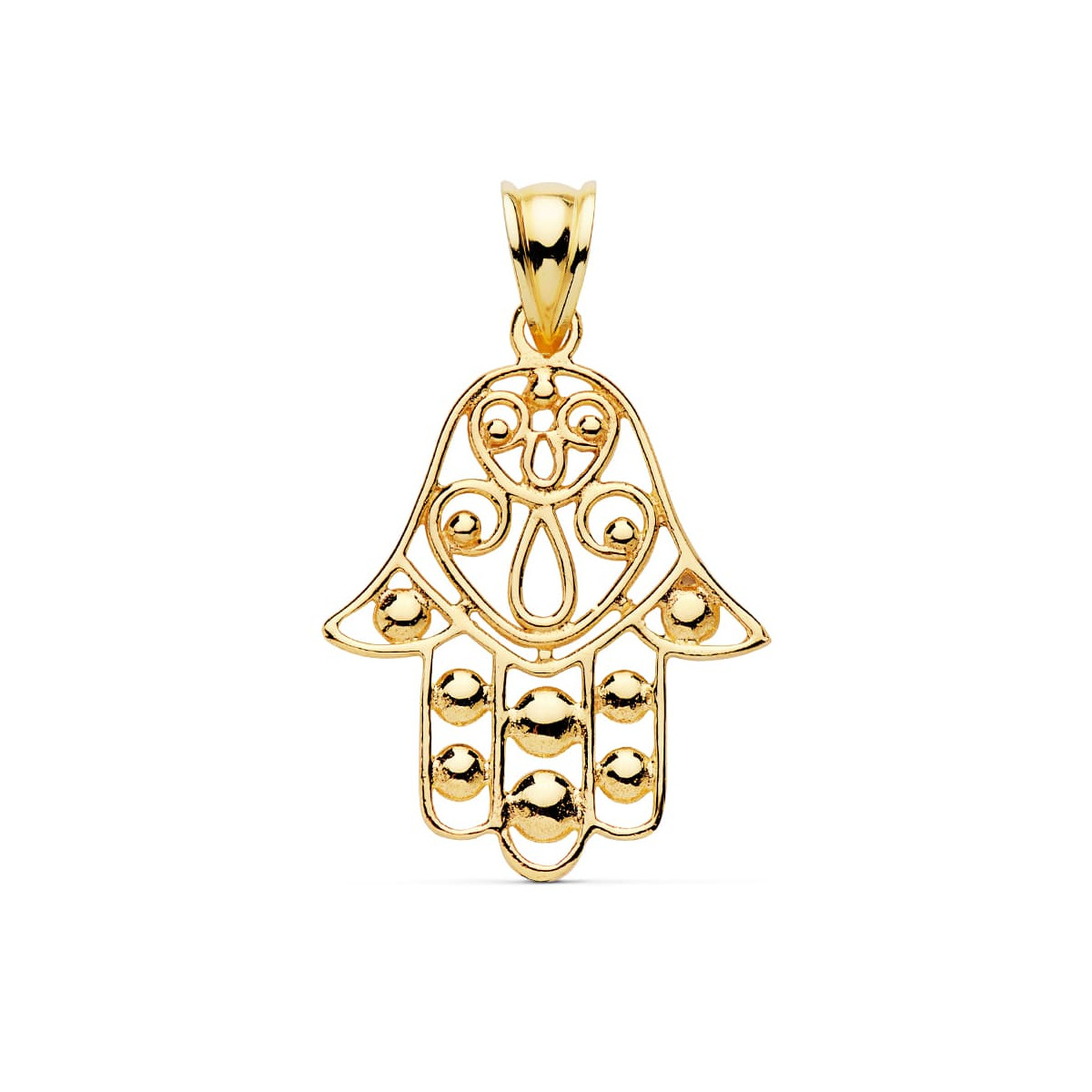 18K COLGANTE AMULETO ORO AMARILLO MANO FATIMA 27X23 MM