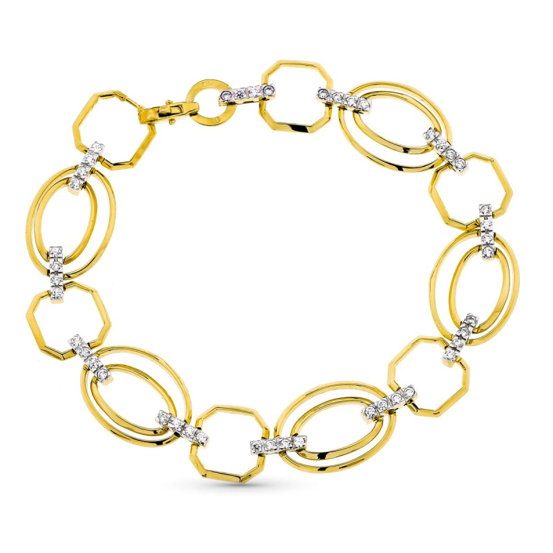 18K PULSERA ORO BICOLOR ESLABONES Y CIRCONITA ANCHO 12 MM LARGO 19.5 CM